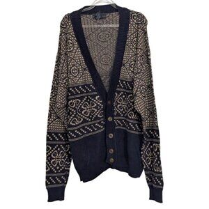 Vintage Generra Grandpa Cardigan Mens Size Large Blue Beige V Neck Made in USA